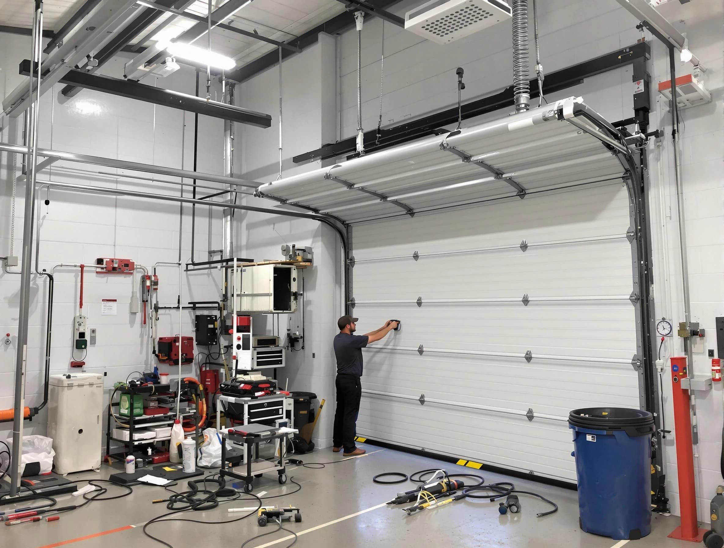 Meadow Lake Garage Door Repair certified technician performing commercial door repair at a Meadow Lake business facility