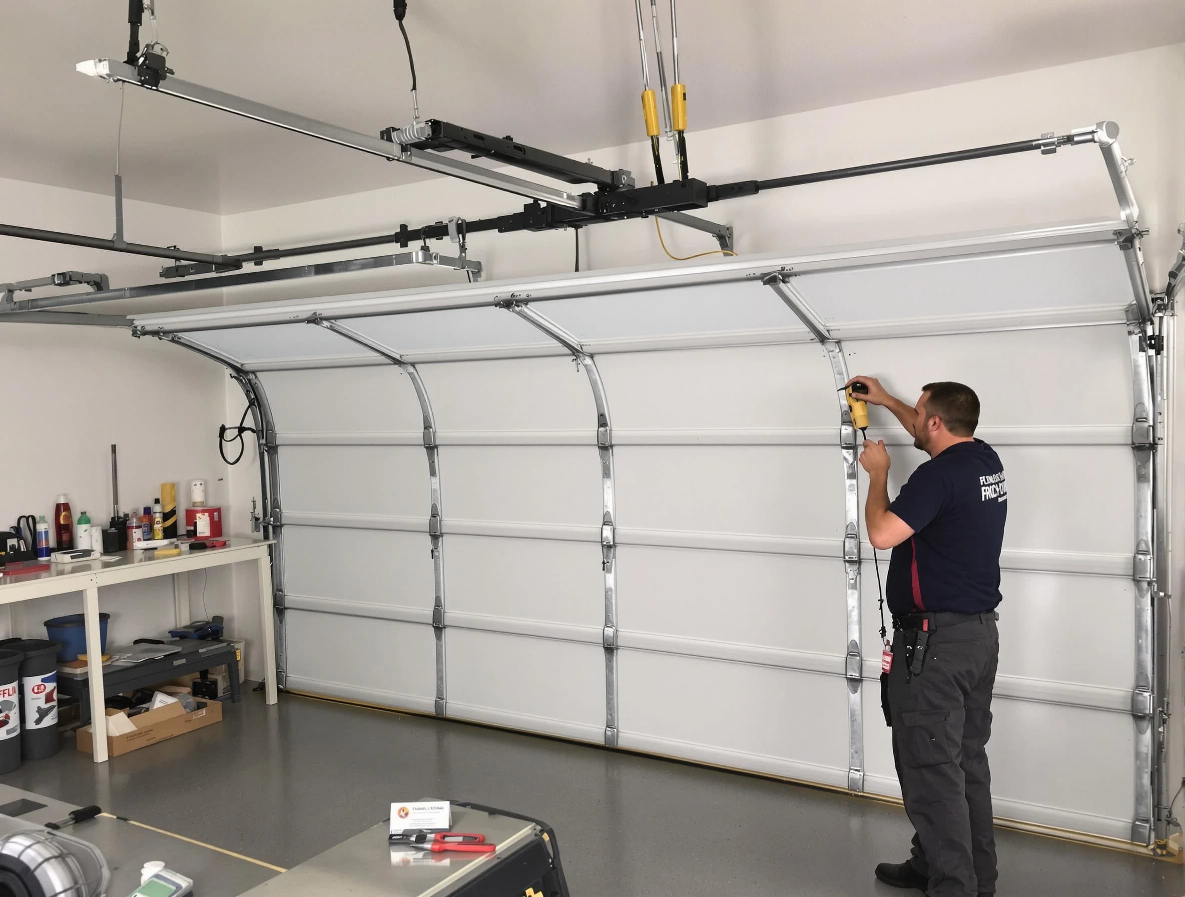 Meadow Lake Garage Door Repair certified technician performing overhead door system repair in Meadow Lake