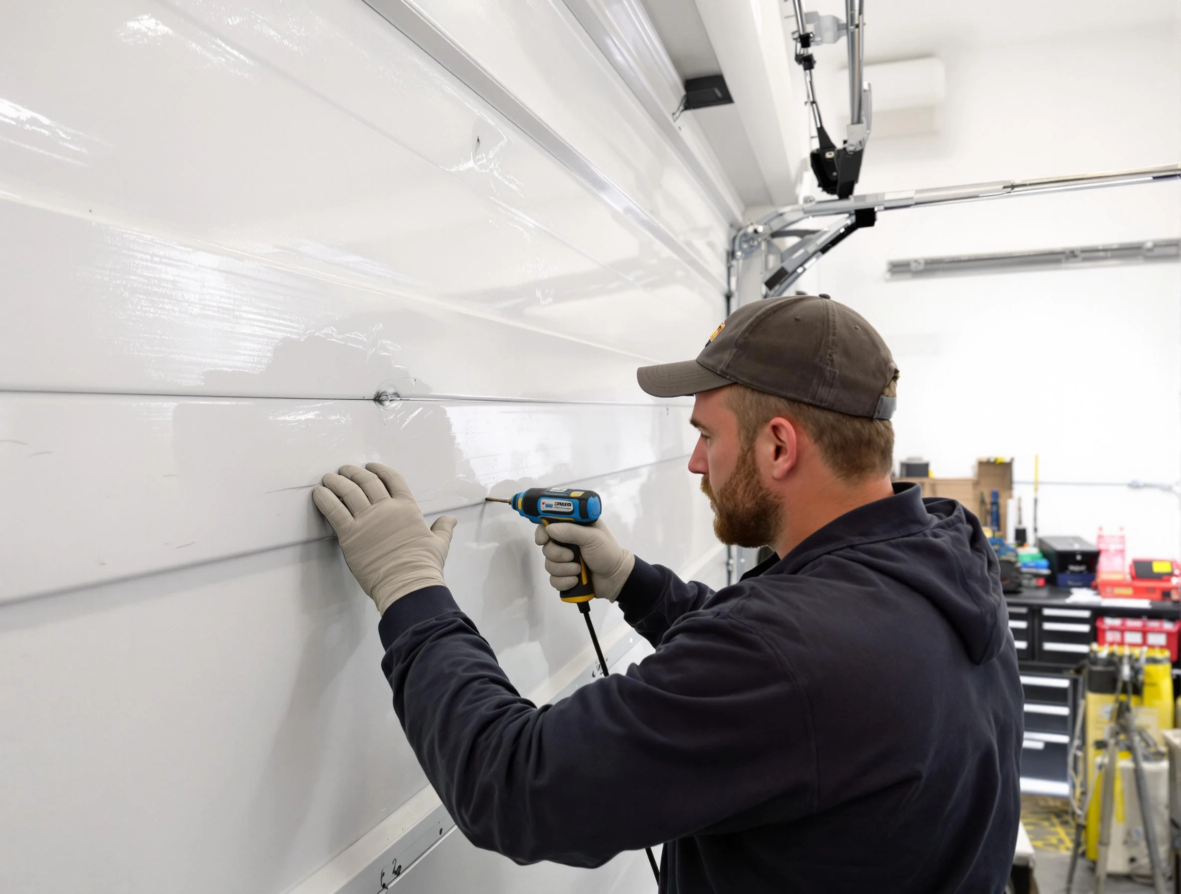 Meadow Lake Garage Door Repair technician demonstrating precision dent removal techniques on a Meadow Lake garage door